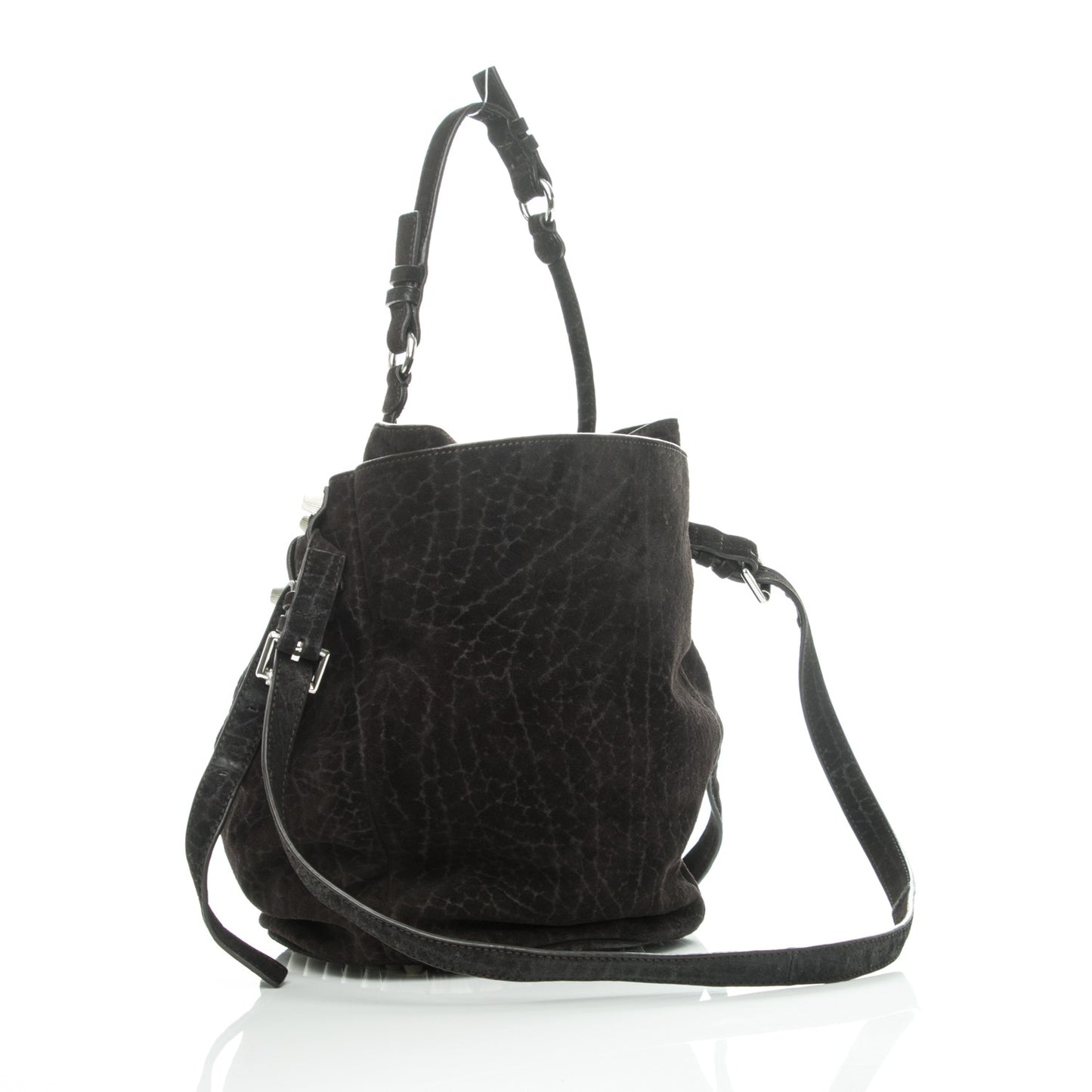 Suede Diego Bucket Bag Dark Brown Nickel Hardware