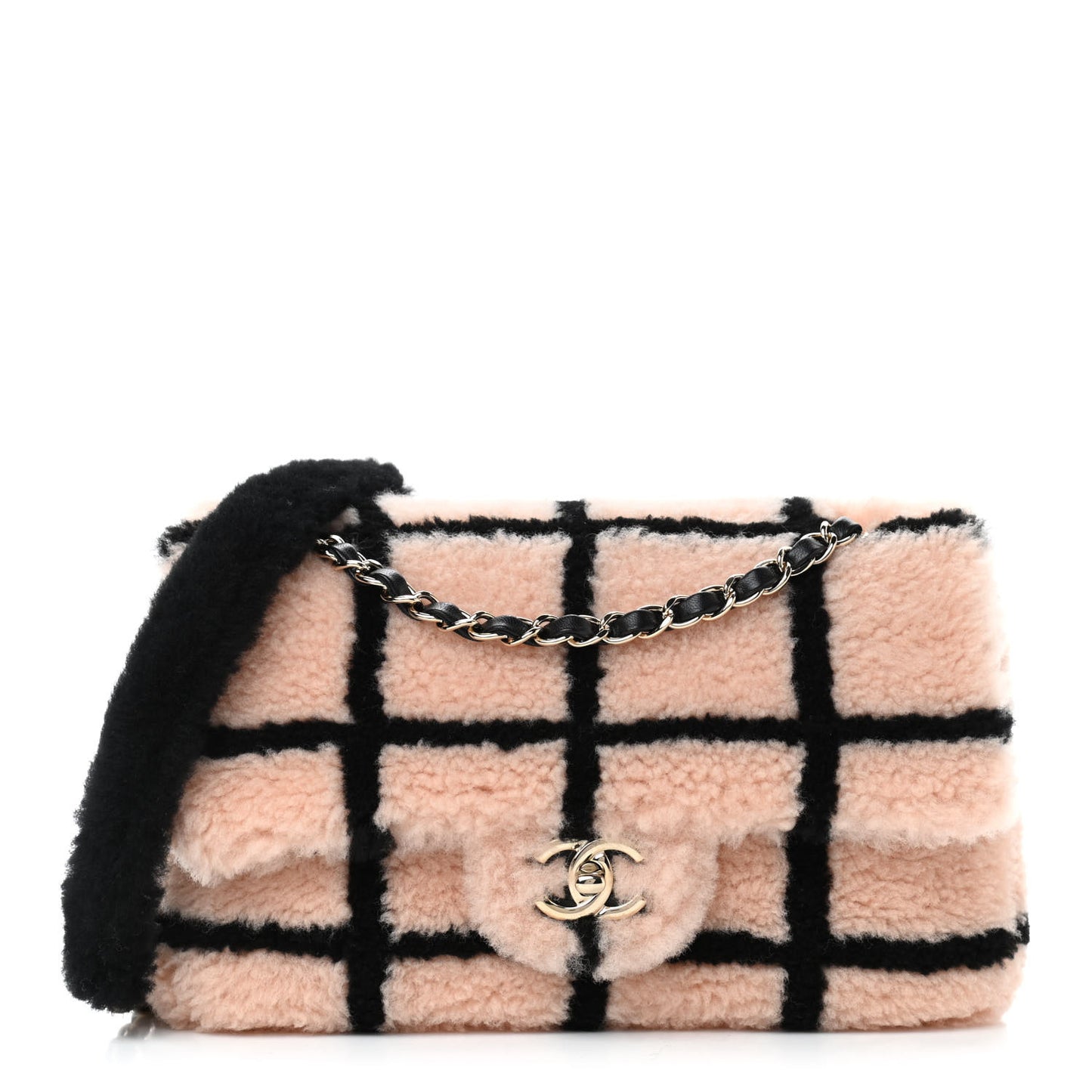 Shearling Lambskin Large Fluffy Tartan Single Flap Pink Black