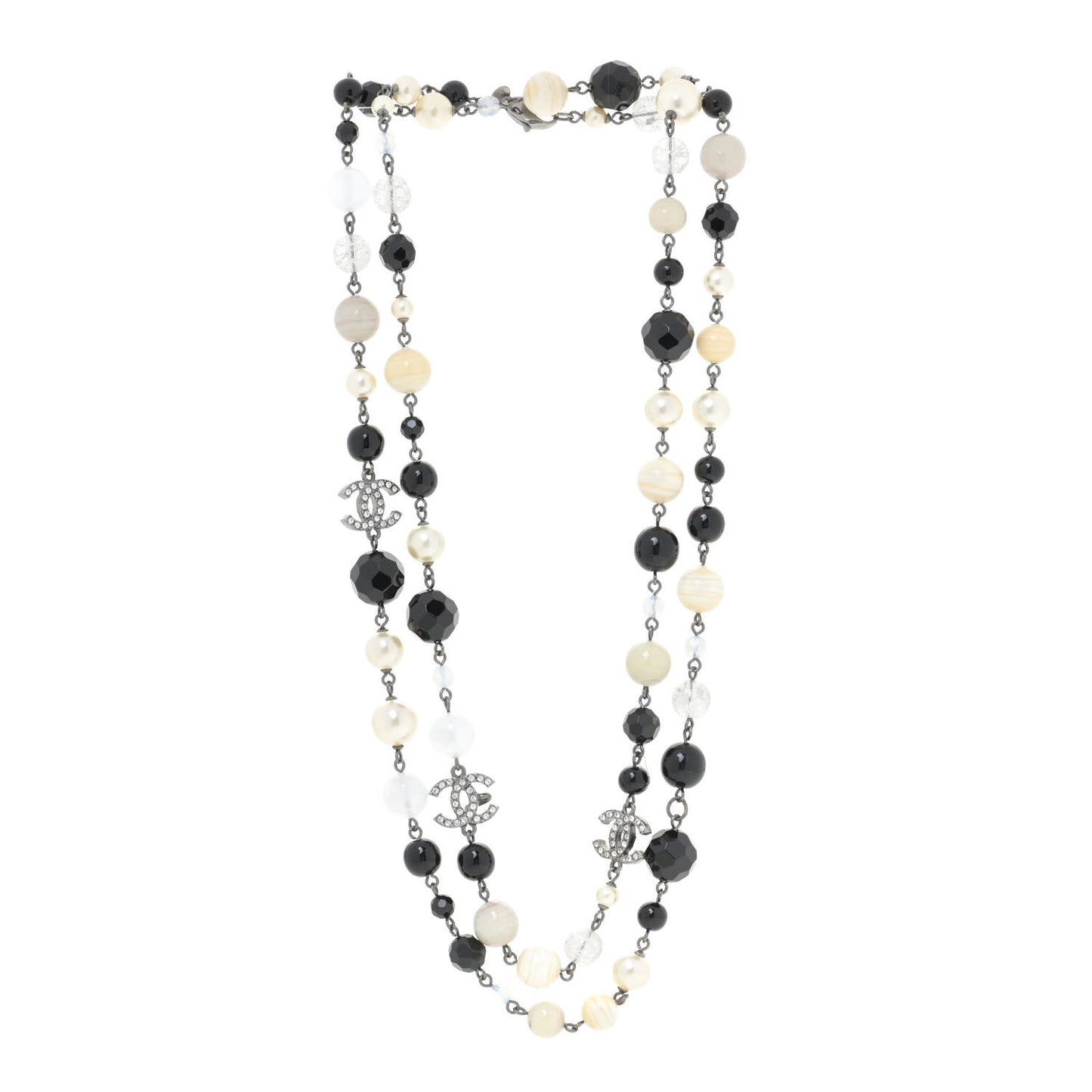 Pearl Beaded Crystal CC Long Necklace Black Silver