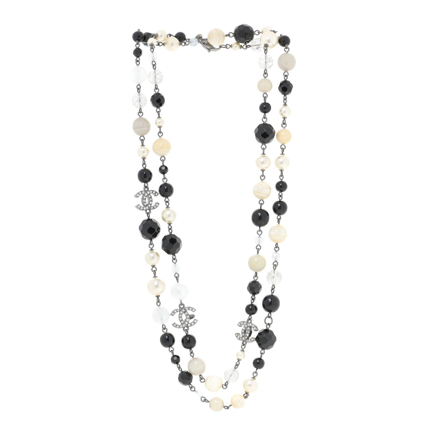Chanel Pearl Beaded Crystal CC Long Necklace Black Silver 4 of 9