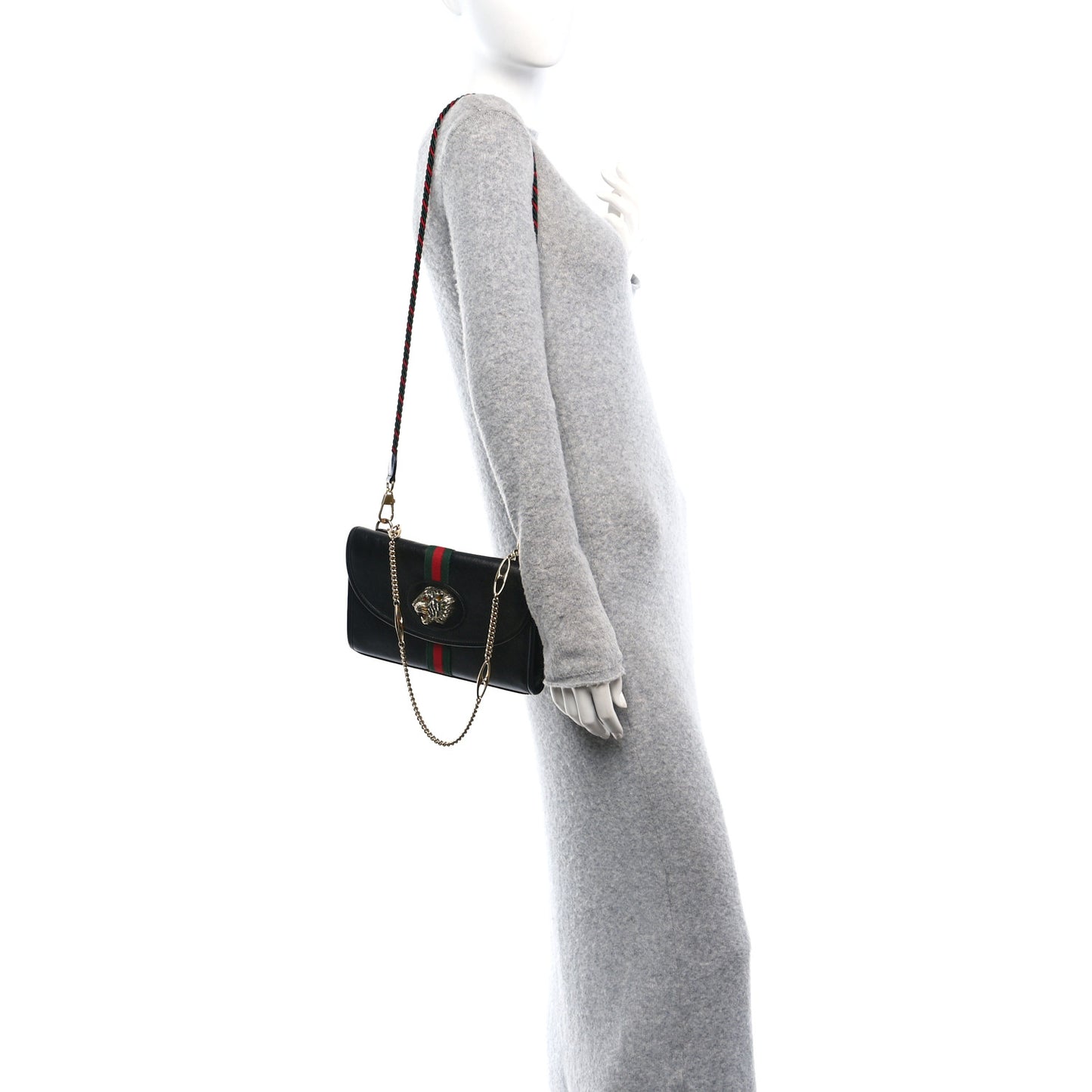 Textured Calfskin Web Small Rajah Slim Flap Shoulder Bag Black