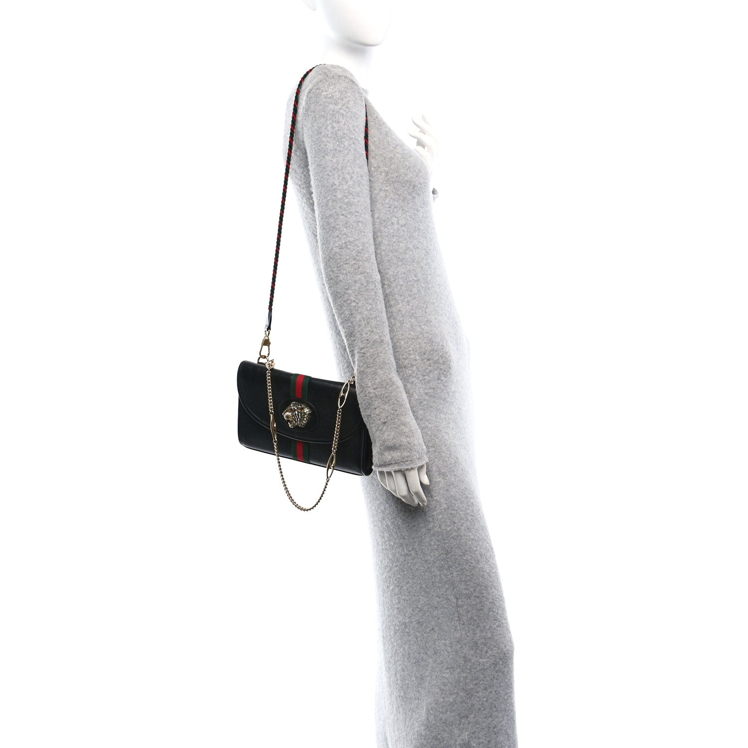 Gucci Textured Calfskin Web Small Rajah Slim Flap Shoulder Bag Black 2 of 12