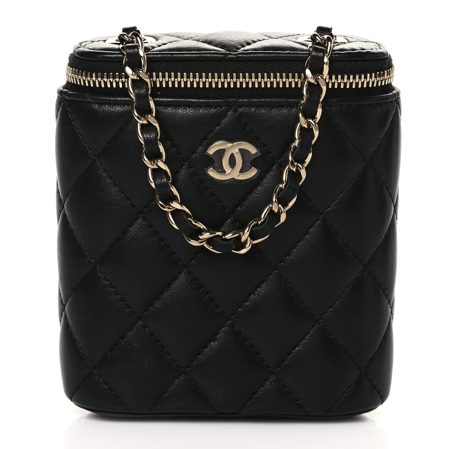 Lambskin Quilted Small Vertical Coco Beauty Vanity Case With Chain Black