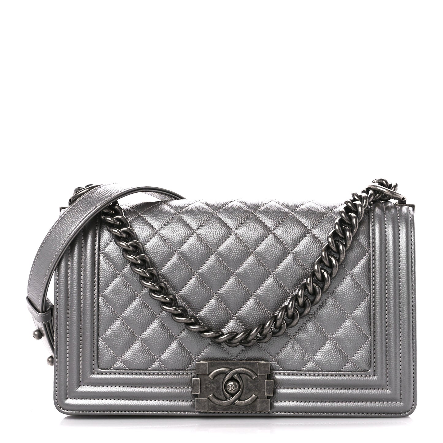Metallic Caviar Quilted Medium Boy Flap Silver