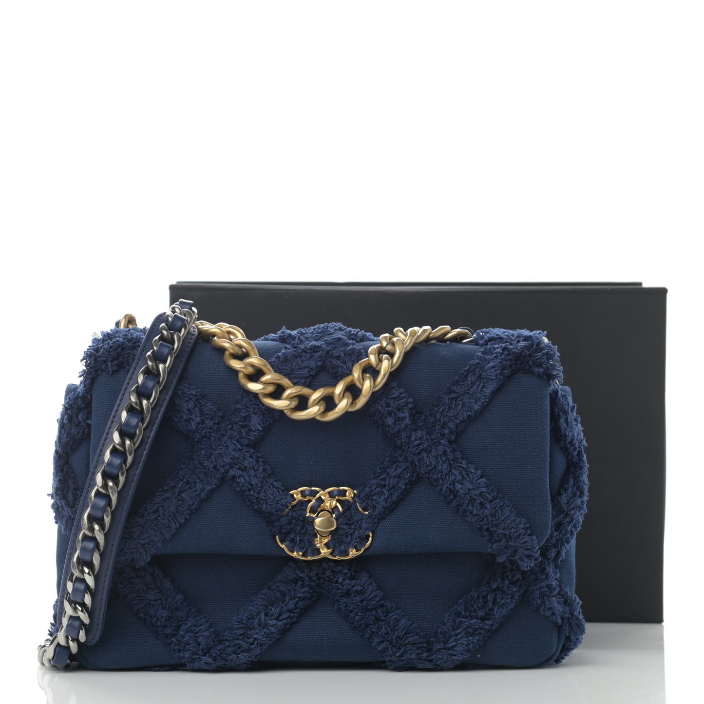 Cotton Canvas Quilted Medium Chanel 19 Flap Navy Blue
