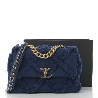 Chanel Cotton Canvas Quilted Medium Chanel 19 Flap Navy Blue 14 of 14