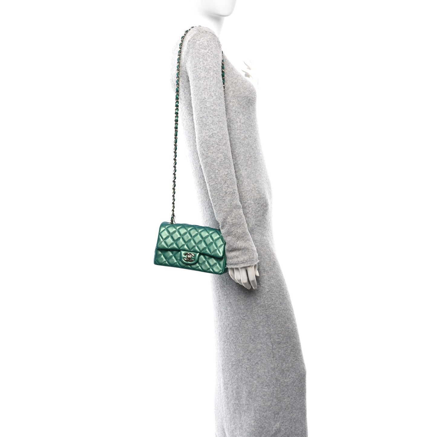 Iridescent Calfskin Quilted Mini Rectangular Flap Green
