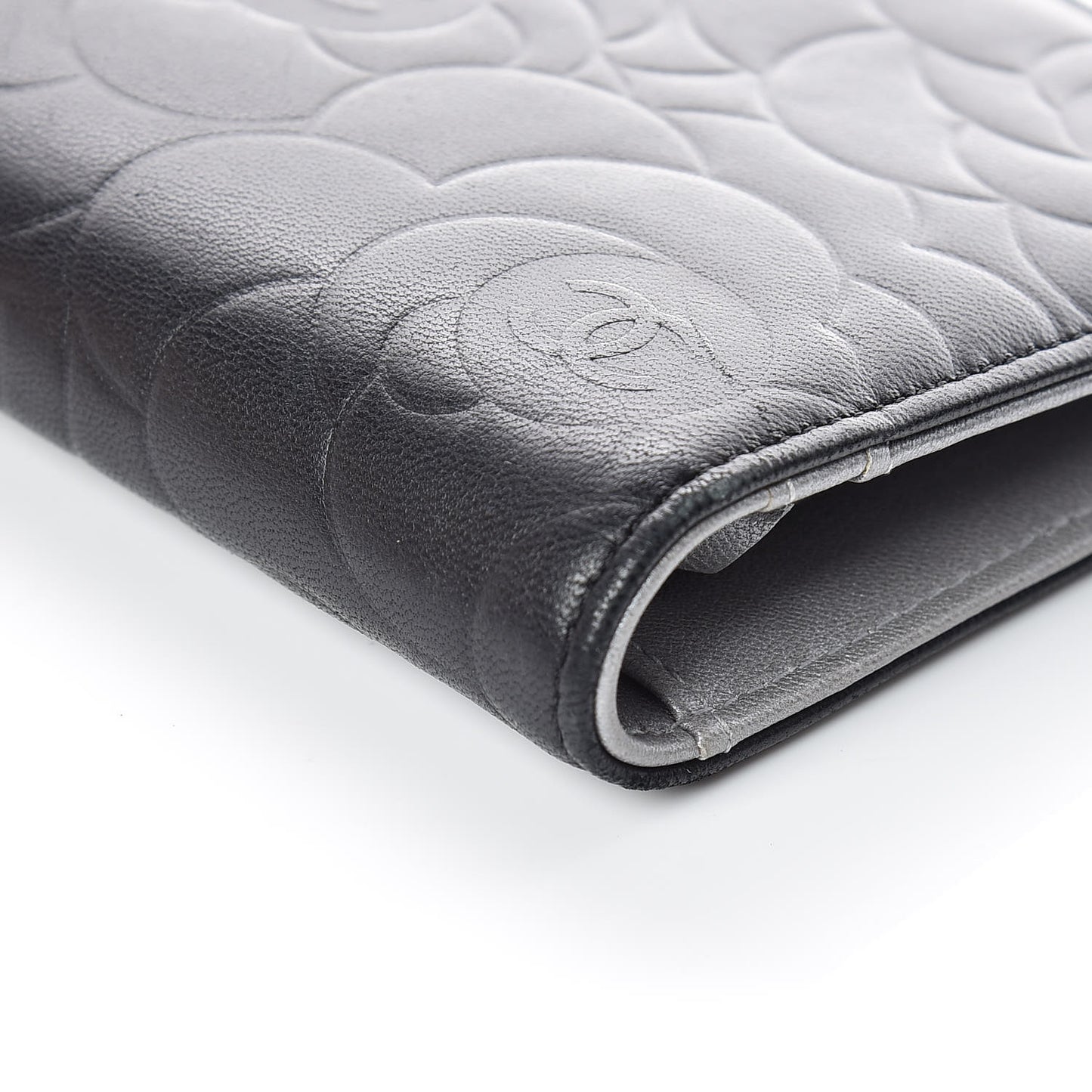 Lambskin Camellia Embossed Yen Wallet Black