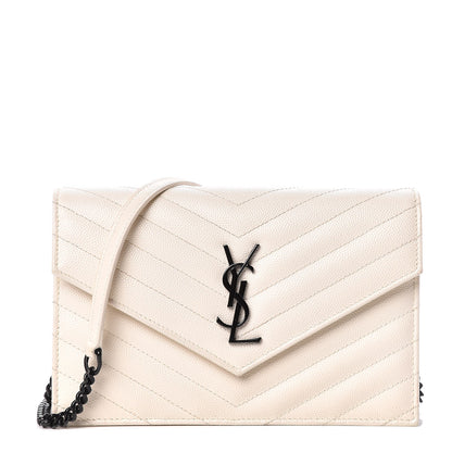 Saint Laurent Grain De Poudre Matelasse Chevron Monogram Envelope Chain Wallet Dove White 1 of 12