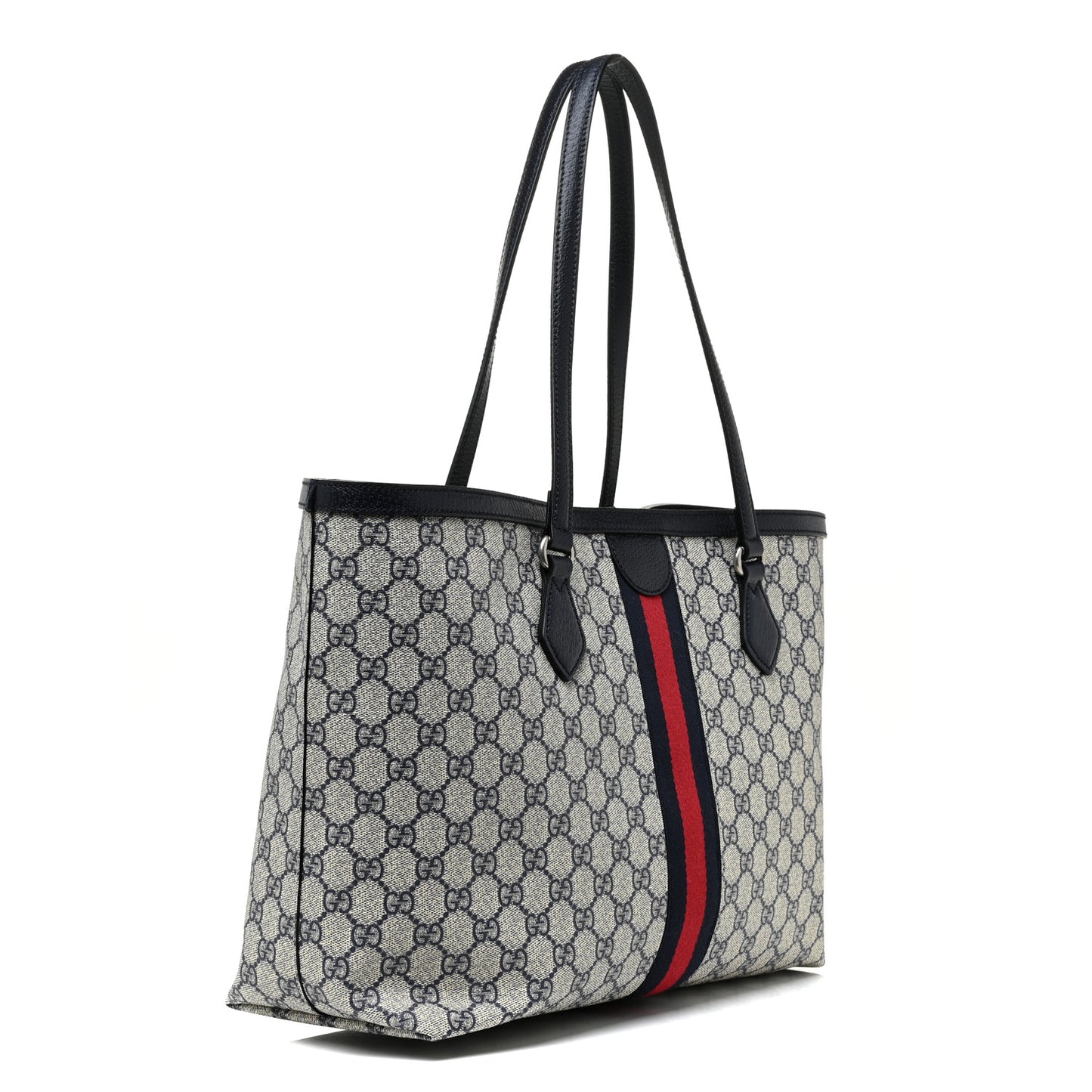 GG Supreme Monogram Textured Calfskin Web Medium Ophidia Shopping Tote Beige Blue