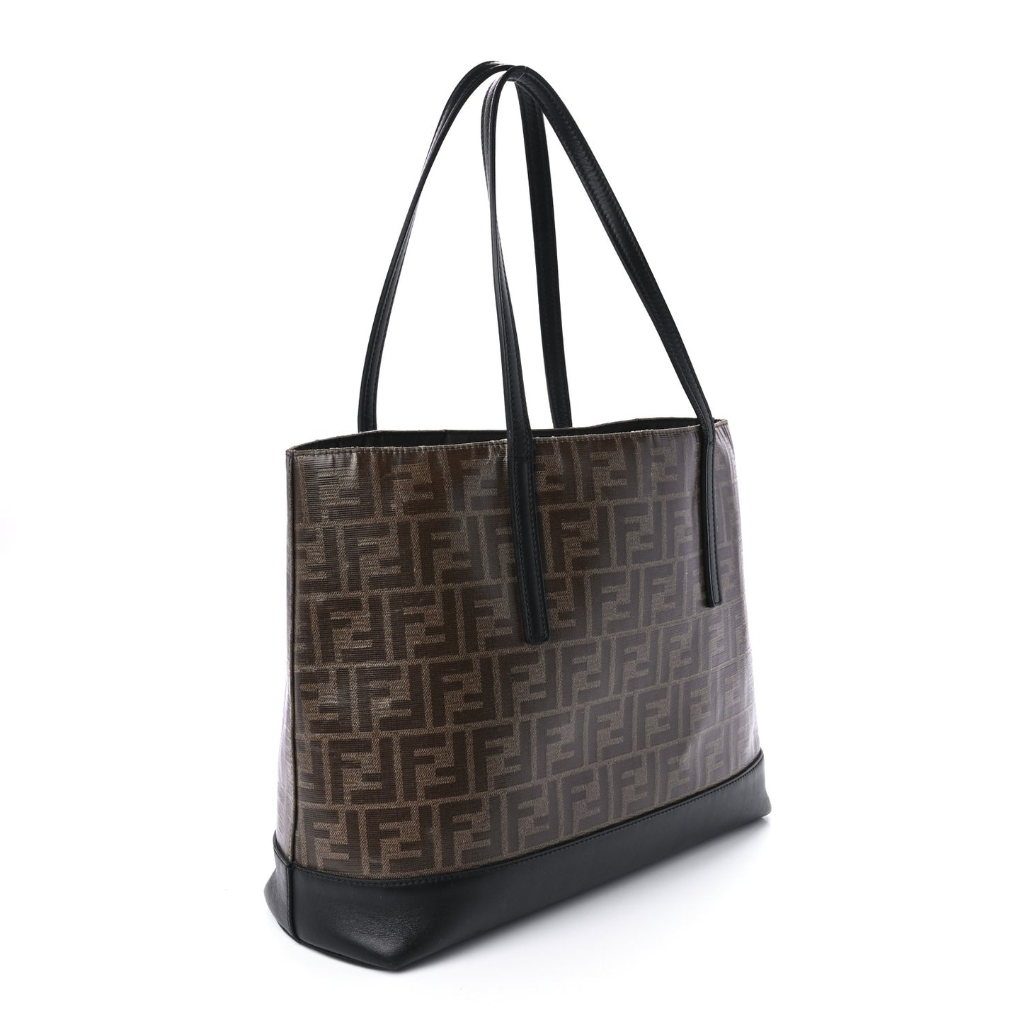 Glazed Fabric Vitello Century FF 1974 Stamp Patch Shopping Tote Mogano Panna Black