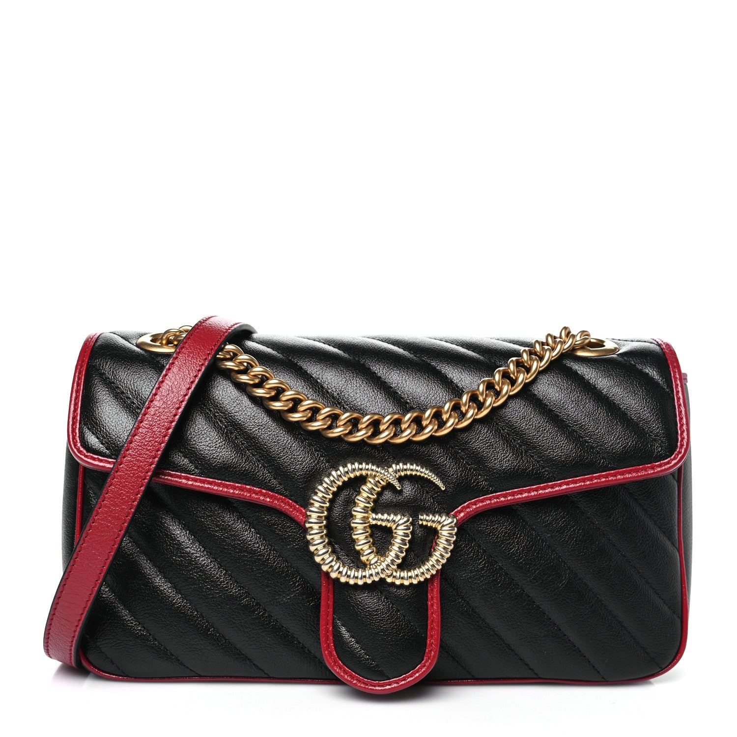Gucci Vintage Effect Calfskin Matelasse Diagonal Small Torchon GG Marmont Shoulder Bag Black Romantic Cherry 1 of 10