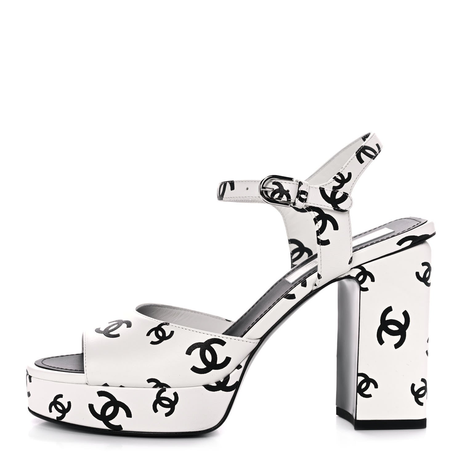 Chanel Printed Lambskin Coco Beach Platform Sandals 38.5 White Black 1 of 10