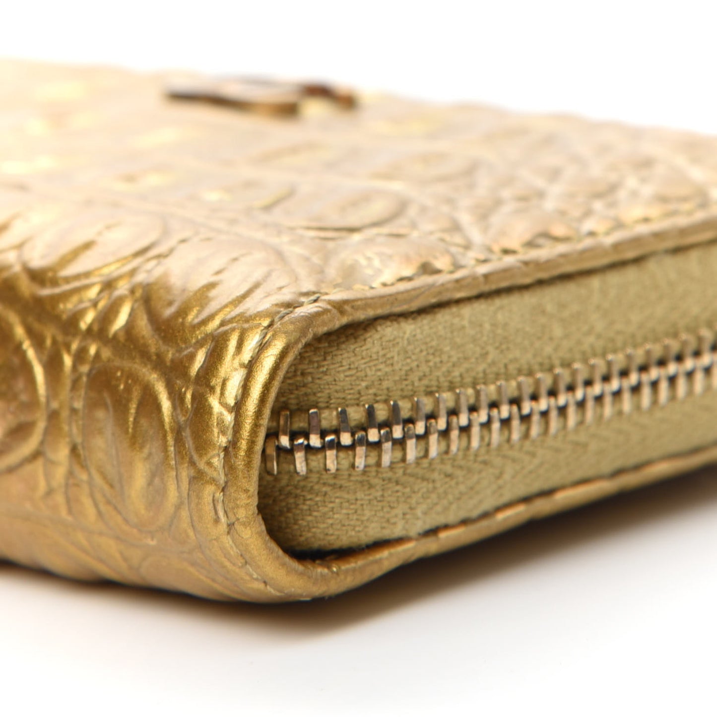 Metallic Calfskin Crocodile Embossed Cocodile Zip Coin Case Gold