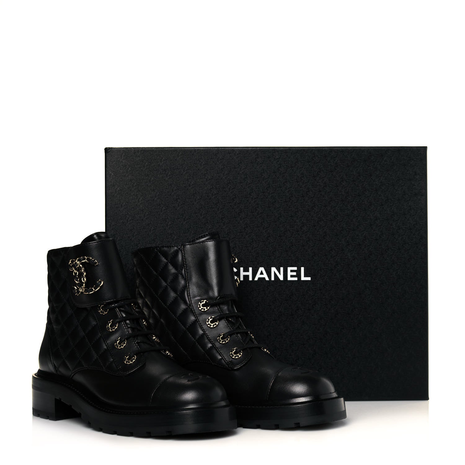Chanel Shiny Lambskin Quilted Lace Up Combat Boots 39 Black 8 of 8