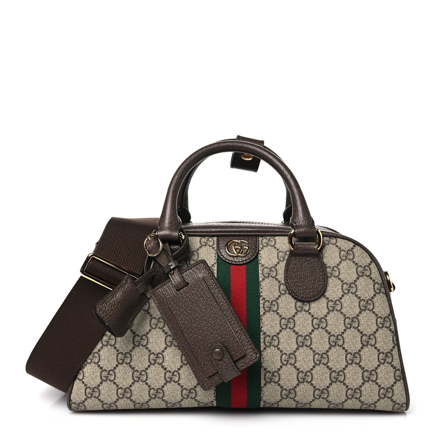 GG Supreme Monogram Textured Dollar Calfskin Web Medium Ophidia Top Handle Bowler Bag Beige Ebony New Acero