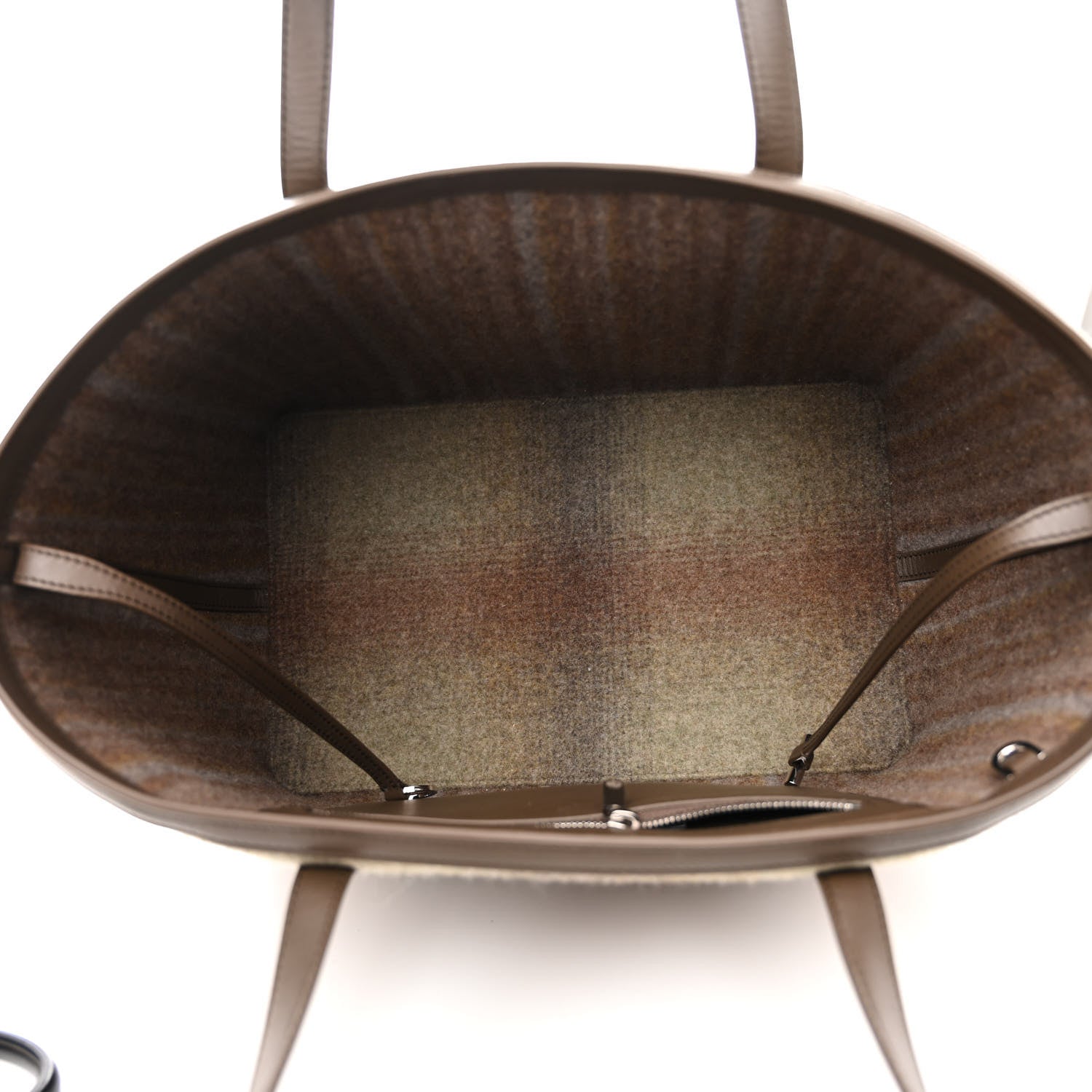 Loro Piana Blurred Double Cashmere Calfskin Plaid Small Carry Everything Tote Pecan Nut Green Cayenne Mel 5 of 9