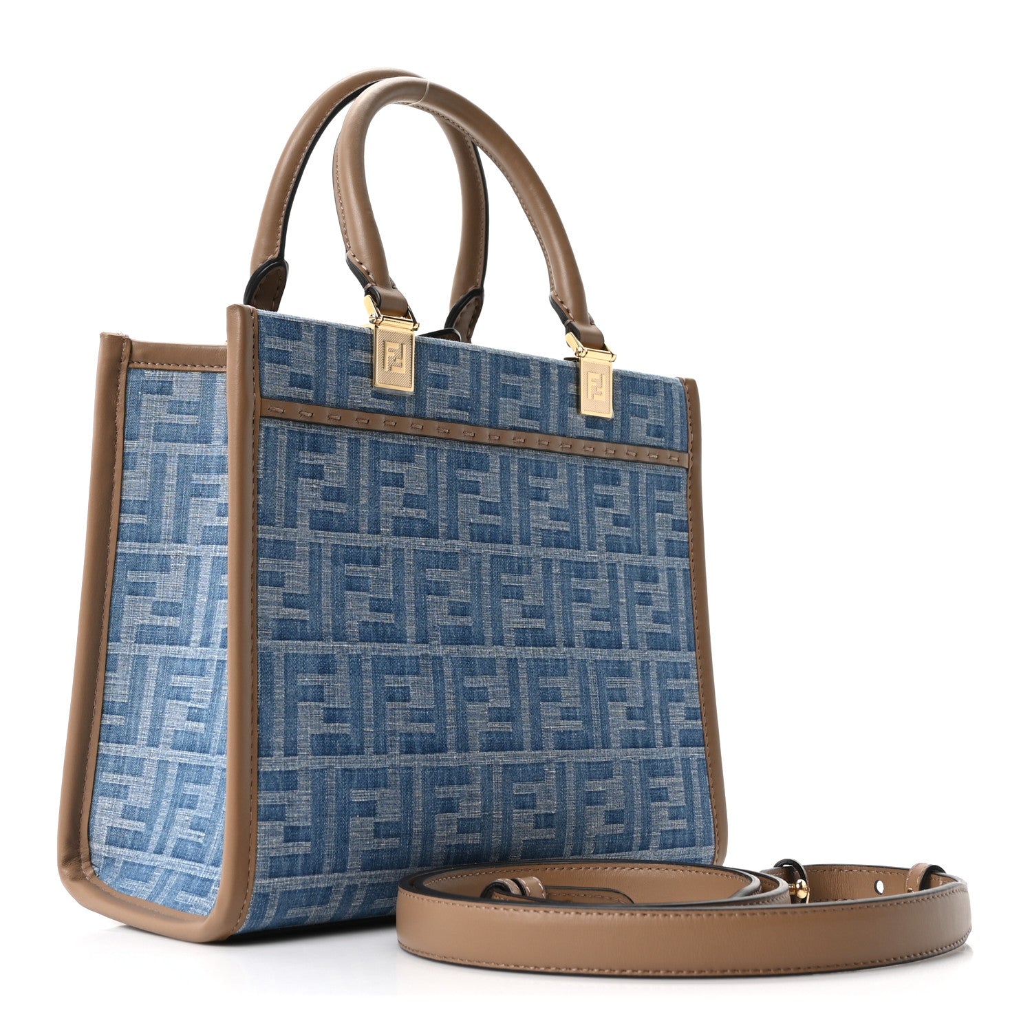 Fendi Denim Jacquard Vitello Grace FF 1974 Small Fendi Sunshine Shopper Tote Denim Sand 3 of 9