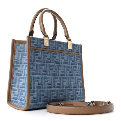 Fendi Denim Jacquard Vitello Grace FF 1974 Small Fendi Sunshine Shopper Tote Denim Sand 3 of 9