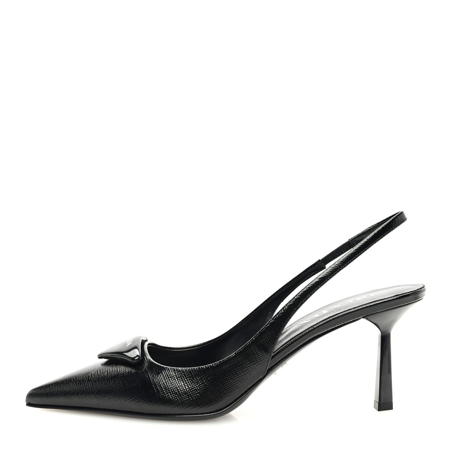 Vernice Saffiano Triangle Logo Pointed Toe 75mm Slingback Pumps 37.5 Black