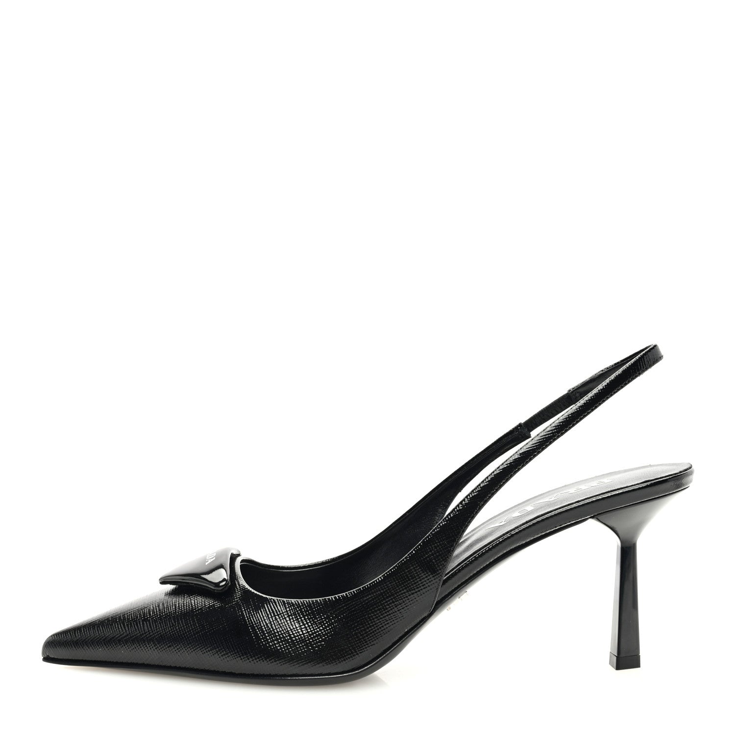 Prada Vernice Saffiano Triangle Logo Pointed Toe 75mm Slingback Pumps 37.5 Black 1 of 8