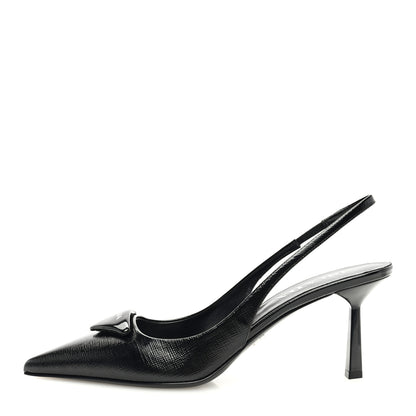 Prada Vernice Saffiano Triangle Logo Pointed Toe 75mm Slingback Pumps 37.5 Black 1 of 8