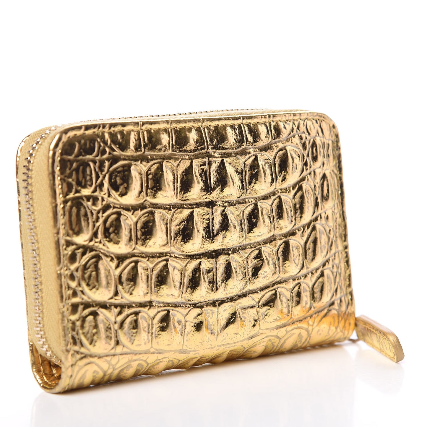 Metallic Calfskin Crocodile Embossed Cocodile Zip Coin Case Gold