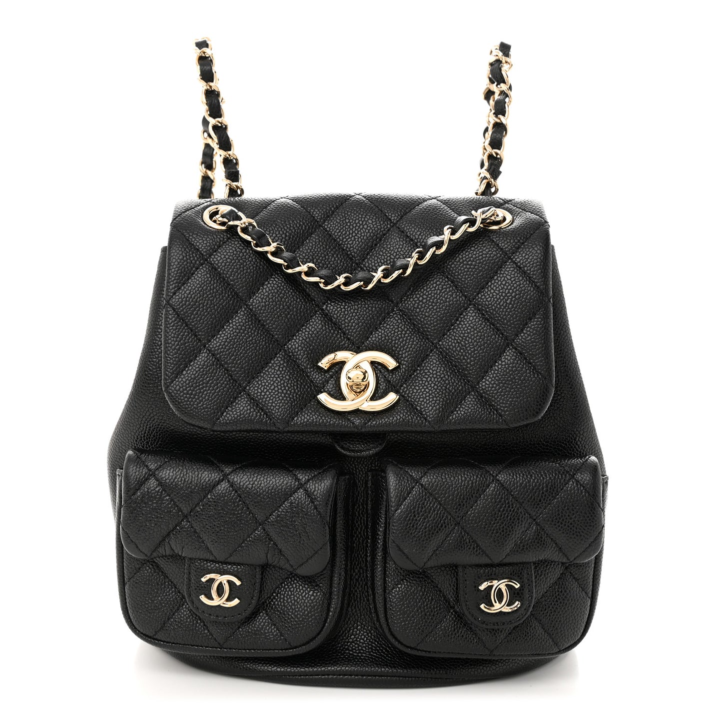 Shiny Caviar Quilted Medium Duma Pockets Drawstring Backpack Black