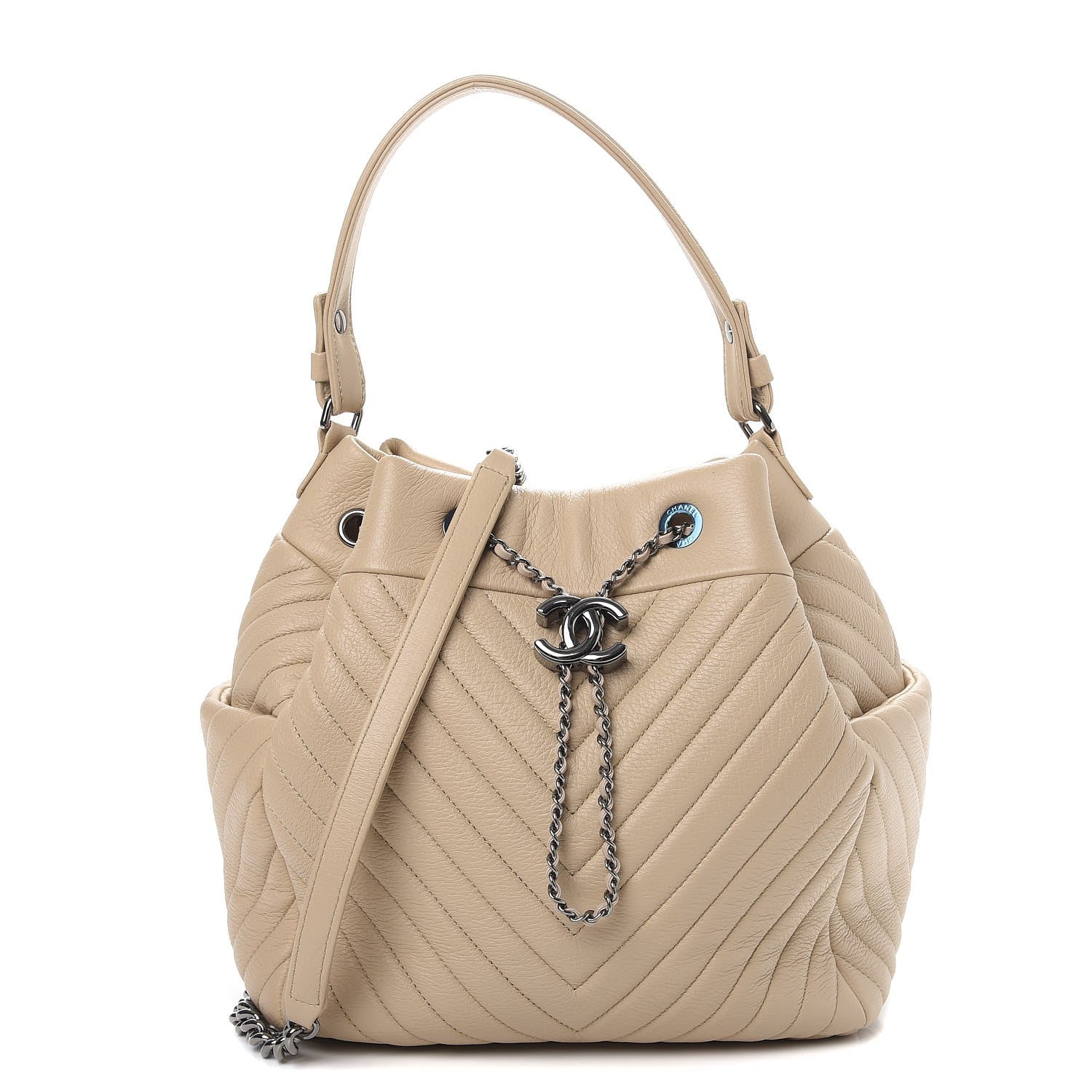 Chanel Deerskin Chevron Medium CC Chain Bucket Drawstring Bag Beige 1 of 7