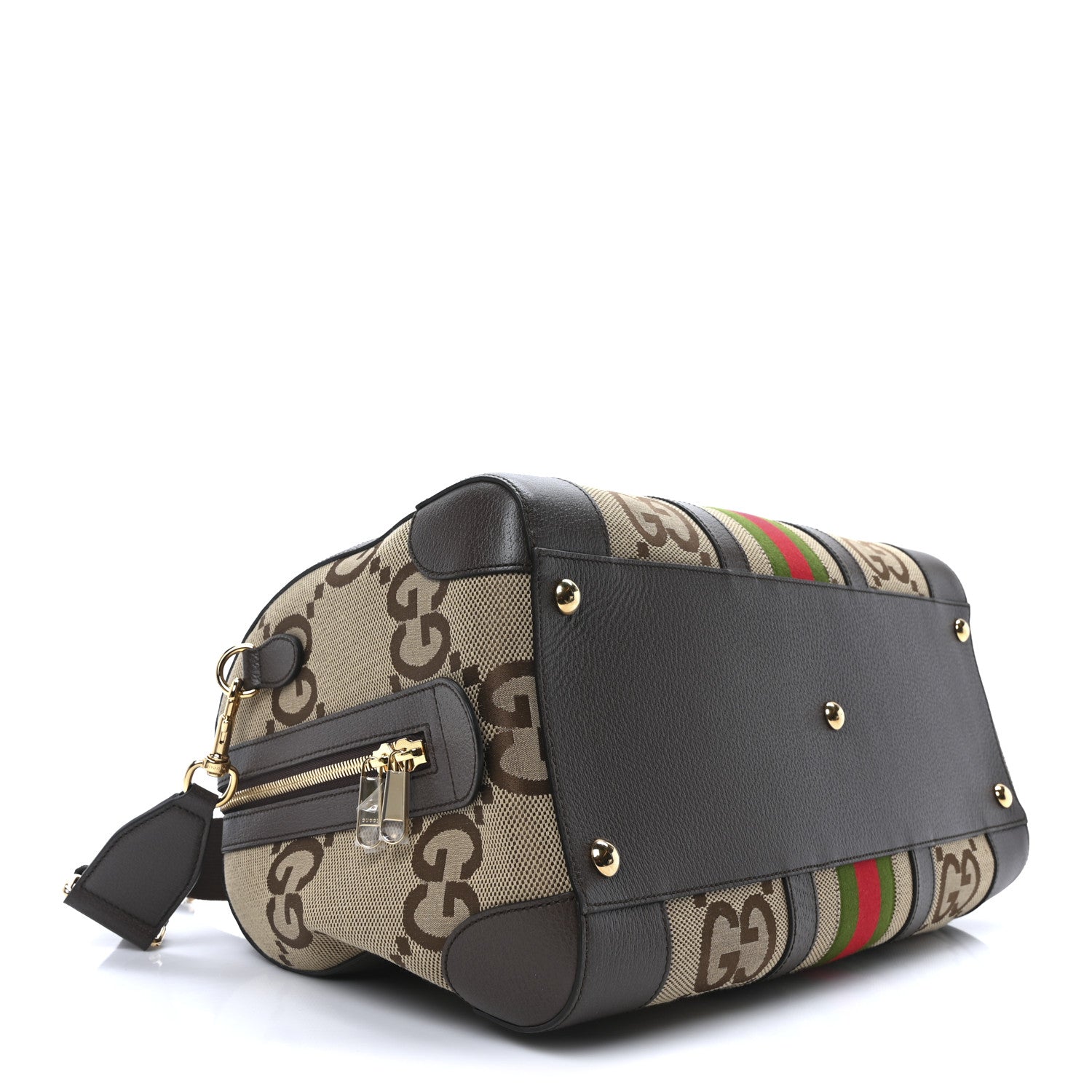 Gucci Monogram Jumbo GG Textured Dollar Calfskin Web Medium Duffle Bag Camel Ebony 4 of 10