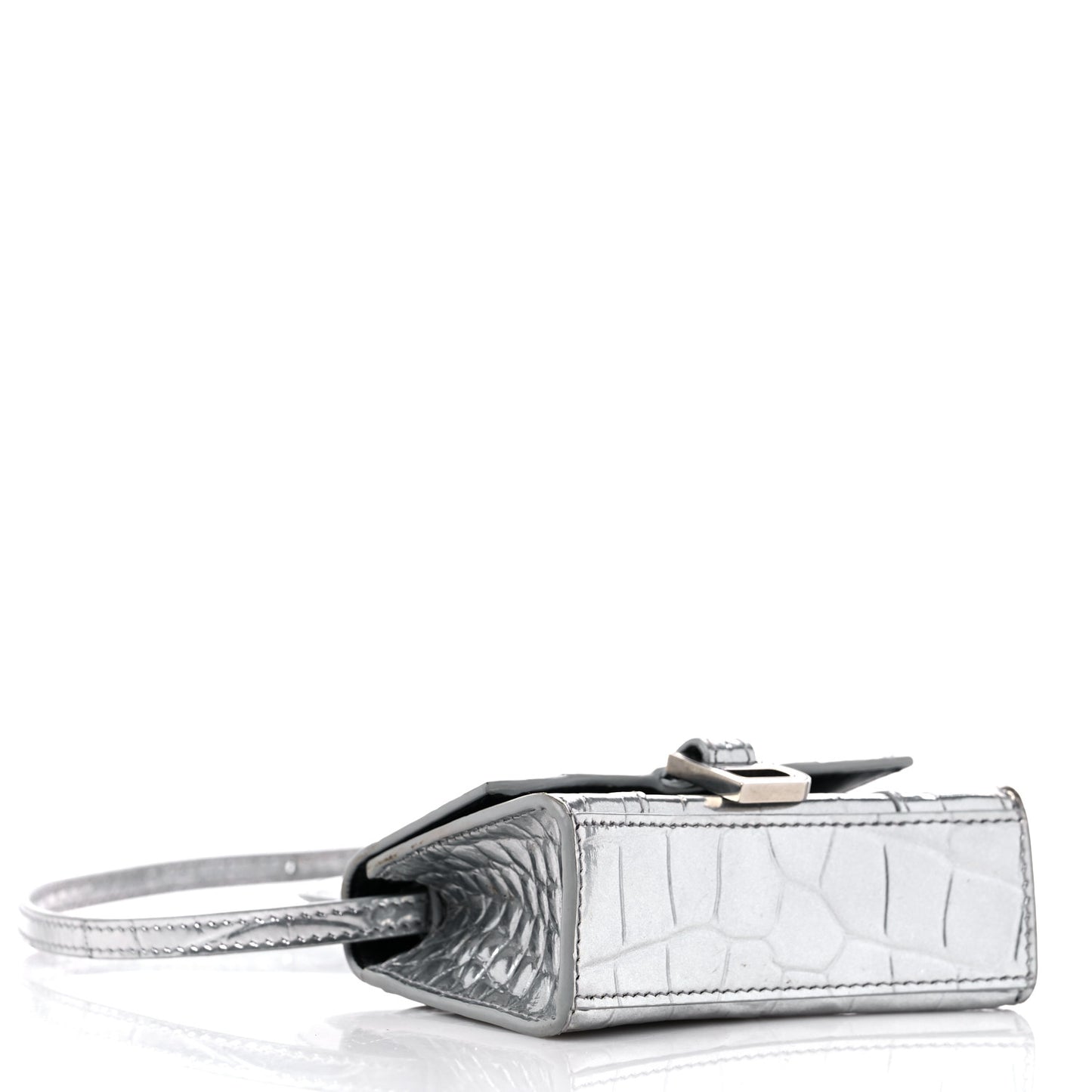 Metallic Calfskin Crocodile Embossed Hourglass Top Handle Bag Mini Silver