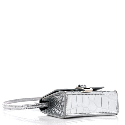 Balenciaga Metallic Calfskin Crocodile Embossed Hourglass Top Handle Bag Mini Silver 4 of 9