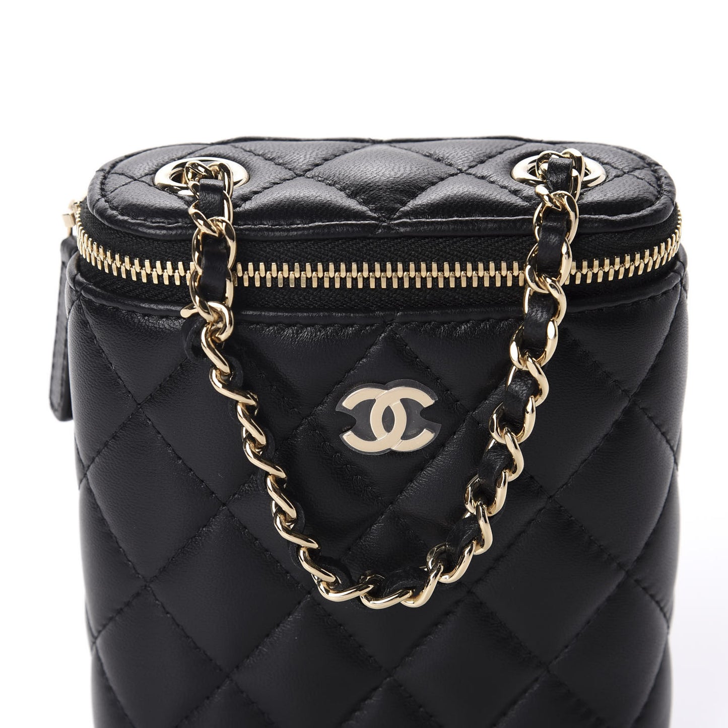 Lambskin Quilted Small Vertical Coco Beauty Vanity Case With Chain Black