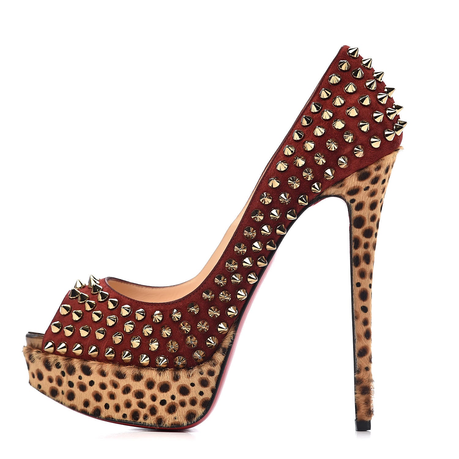 Christian Louboutin Veau Velours Calf Hair Leopard Lady Peep Spikes 150 Pumps 37.5 Red 1 of 13