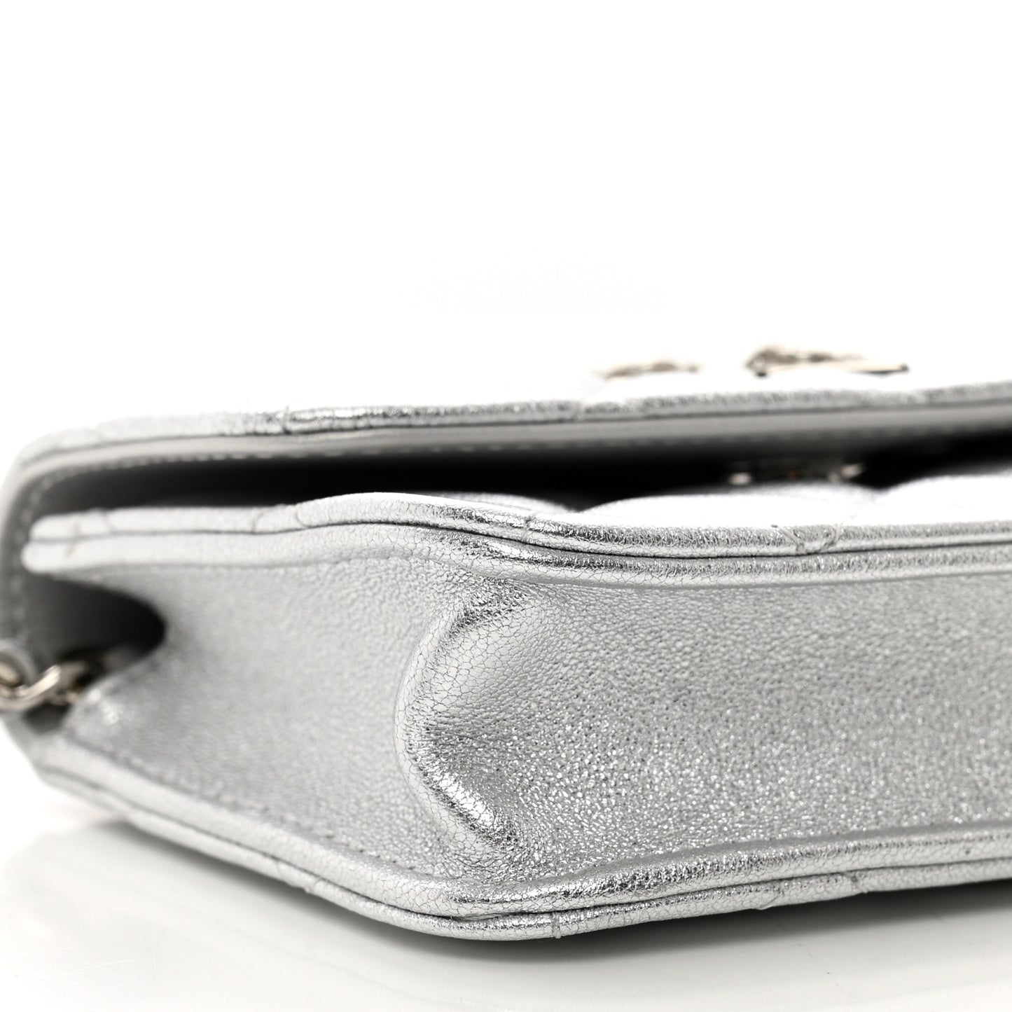 Metallic Goatskin Quilted Crystal CC Walk Of Fame Clutch With Chain Silver