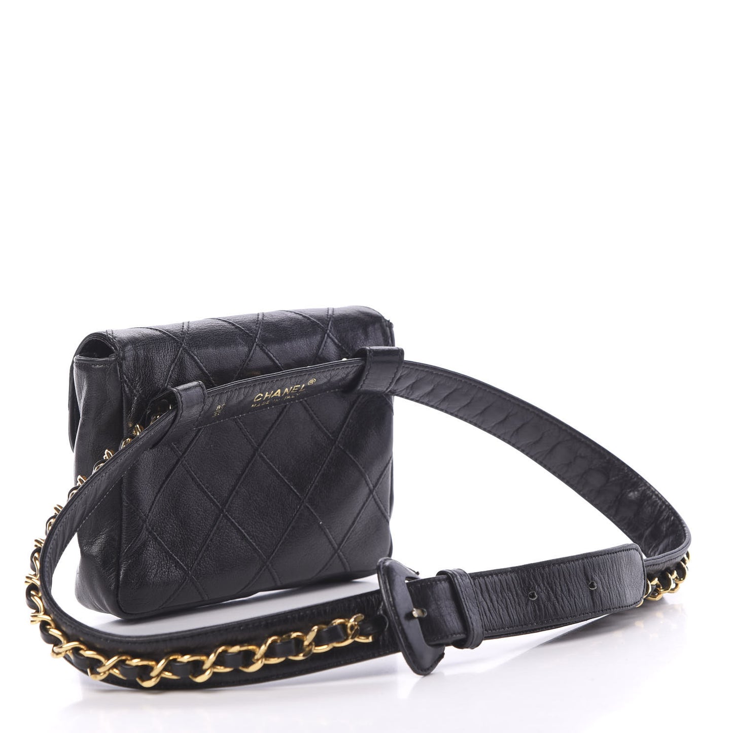 Calfskin Diamond Embossed Flap Waist Belt Bag Black