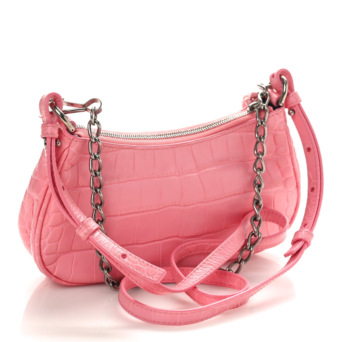Extra Supple Calfskin Crocodile Embossed Le Cagole Mini Purse With Chain Sweet Pink