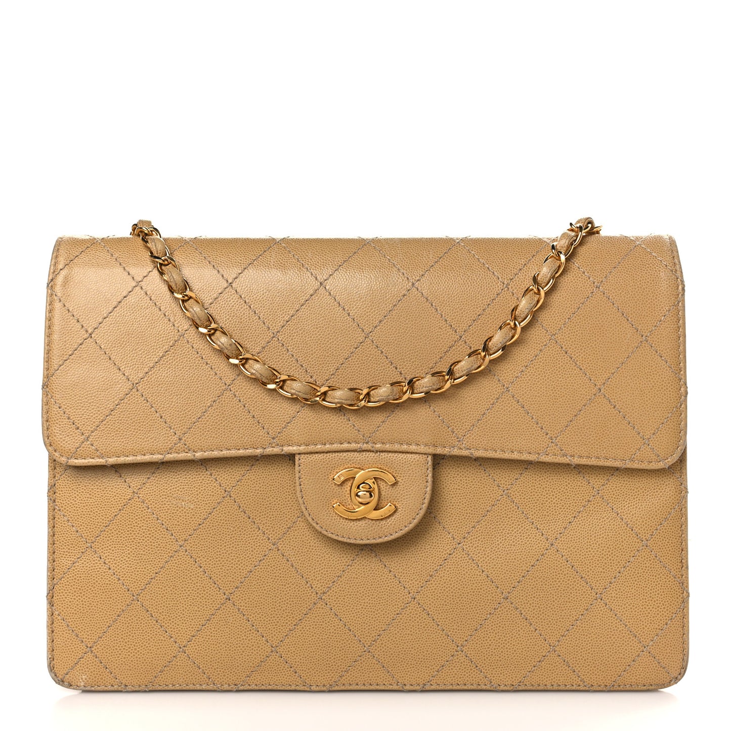 Caviar Stitched Jumbo Single Flap Beige