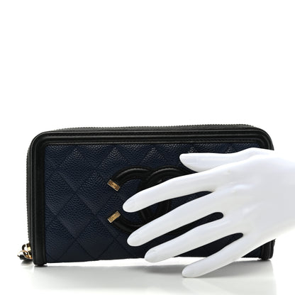 Chanel Caviar Quilted Filigree Zip Around Wallet Navy Black 2 of 9