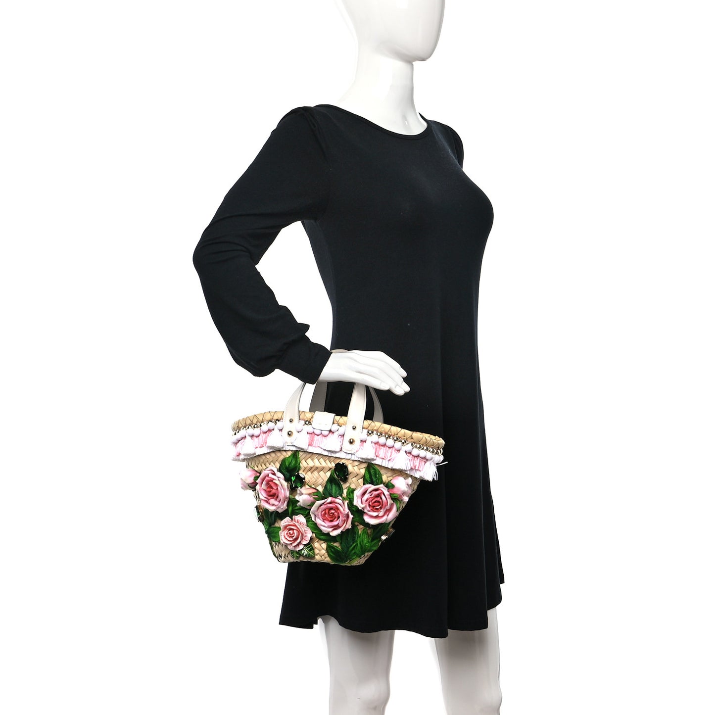 Woven Raffia Calfskin Rose Embellished Mini Kendra Tote Pink Multicolor