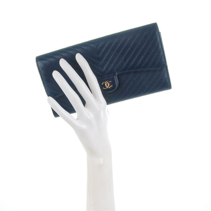 Chanel Caviar Chevron Quilted Large Flap Wallet Navy 2 of 8