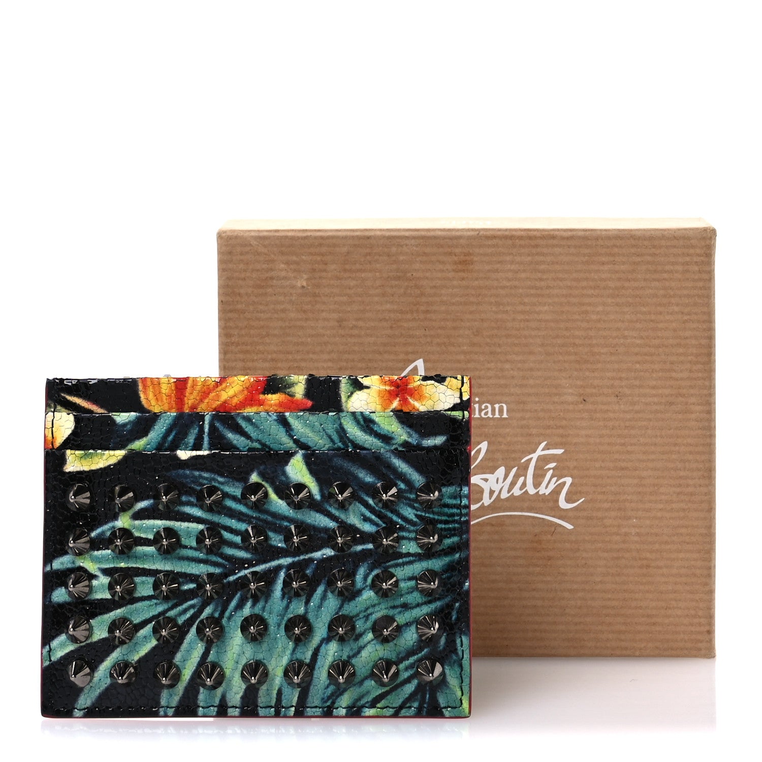 Christian Louboutin Crackled Calfskin Hawaii Print Paros Spikes Card Holder Black Gunmetal 6 of 8