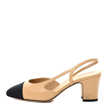 Chanel Goatskin Grosgrain Cap Toe CC Slingback Pumps 37 Beige Black 1 of 8