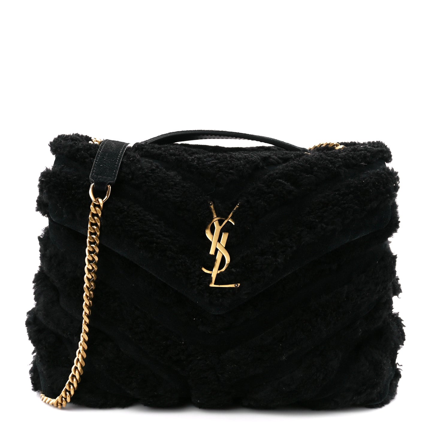 Suede Shearling Y Quilted Monogram Small Loulou Chain Satchel Black