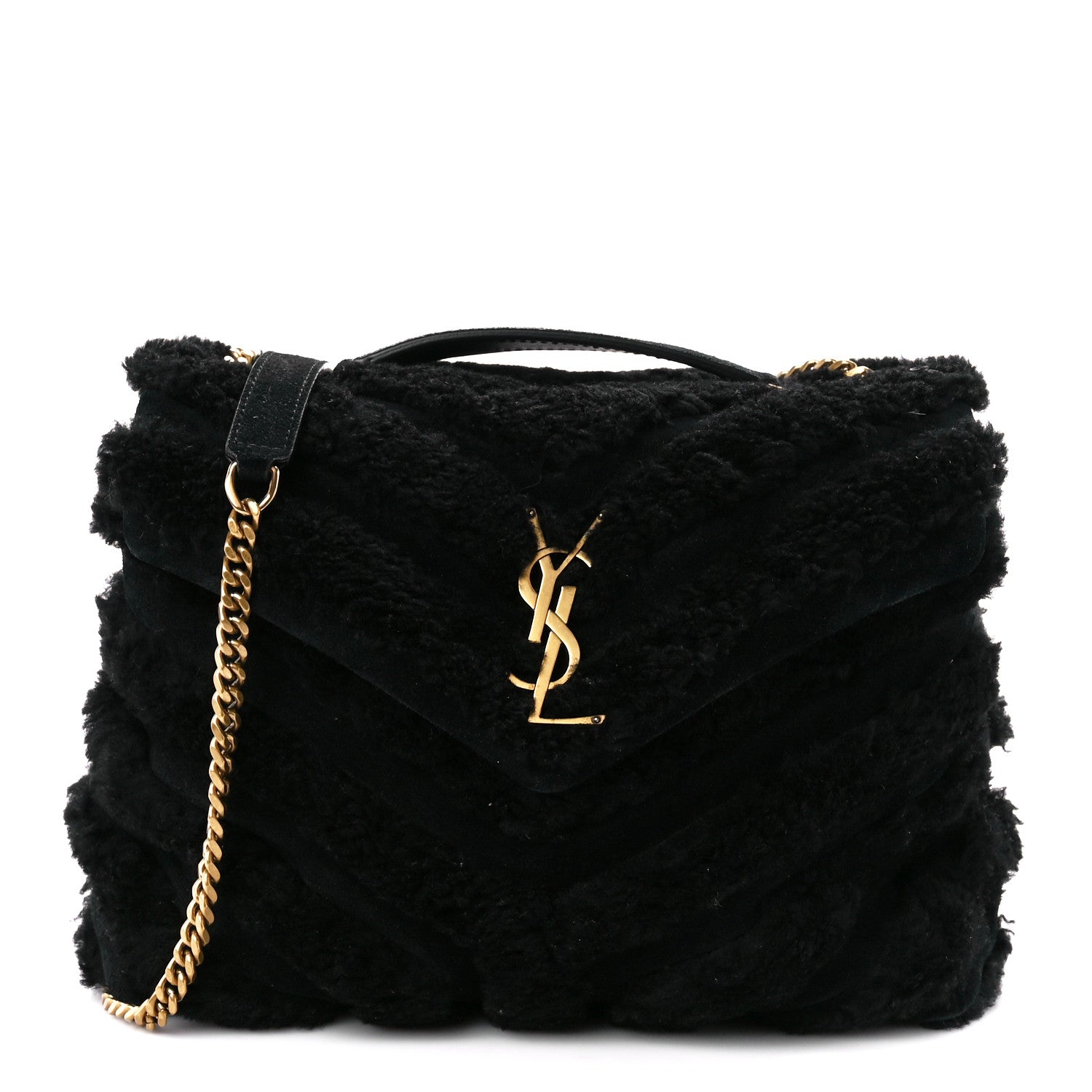 Saint Laurent Suede Shearling Y Quilted Monogram Small Loulou Chain Satchel Black 1 of 12