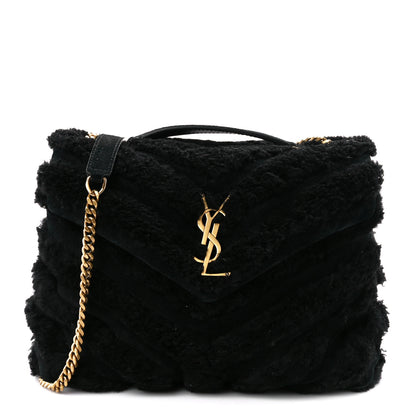 Saint Laurent Suede Shearling Y Quilted Monogram Small Loulou Chain Satchel Black 1 of 12