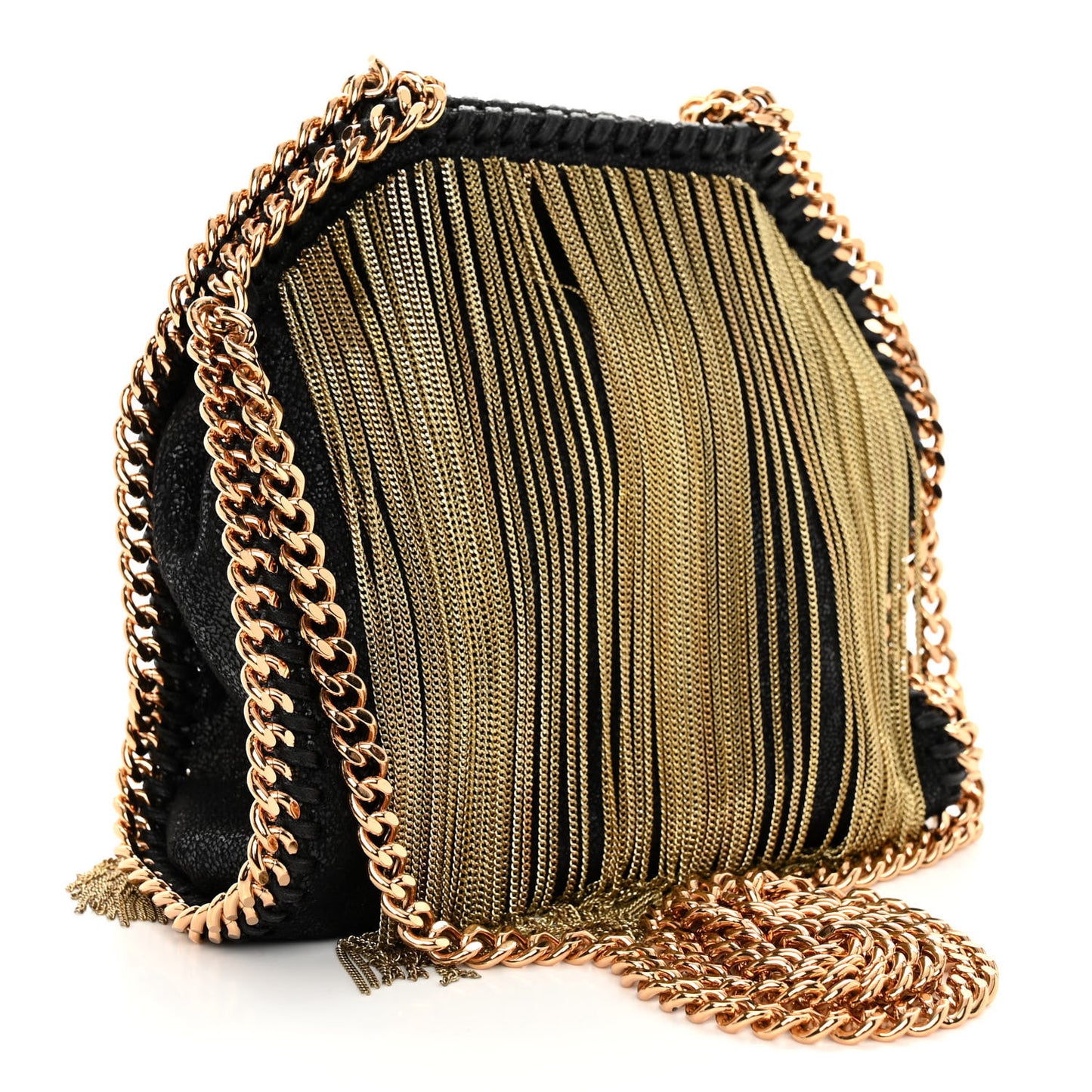 Eco Suede Tiny Fringe Falabella Tote Black Gold
