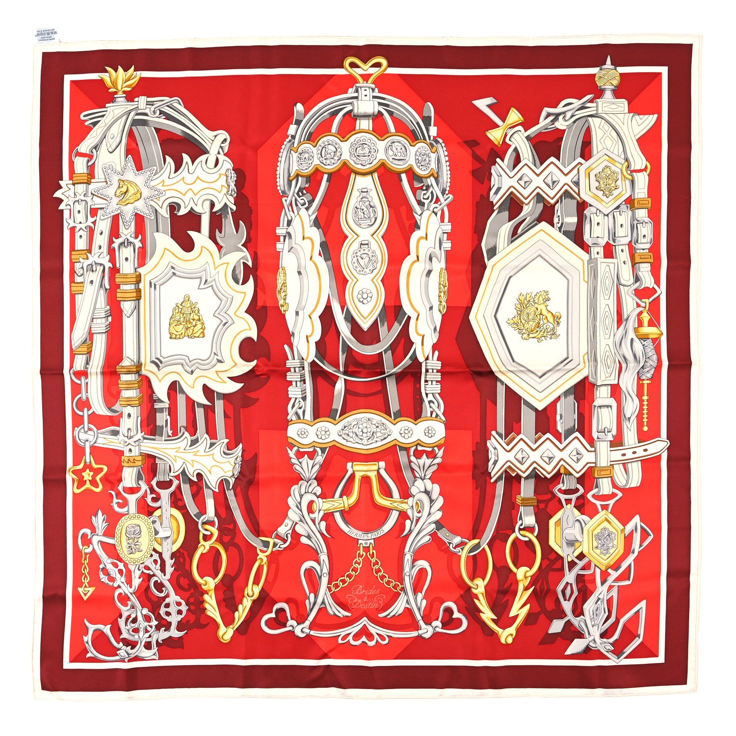 Hermes Silk Brides Et Destin Scarf 90 Rouge Gris Argent White 1 of 4