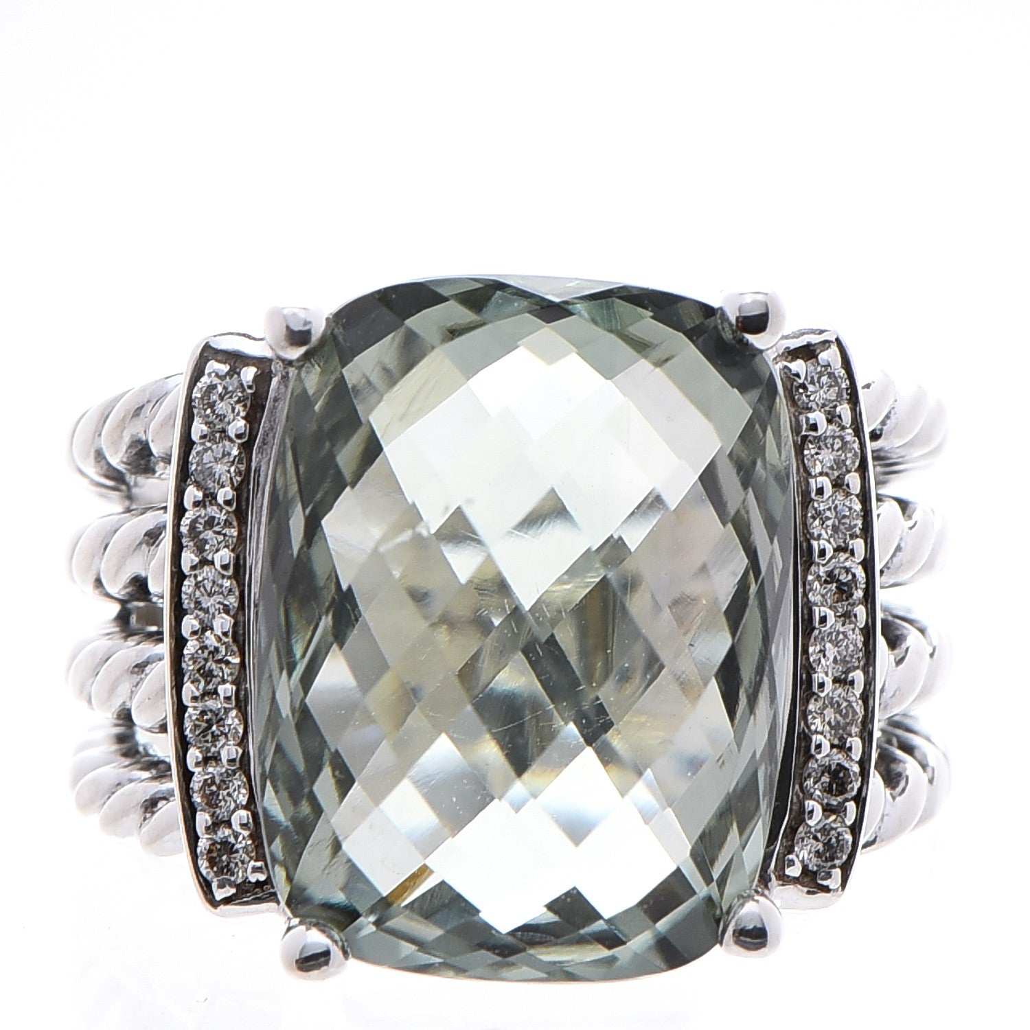 David Yurman Sterling Silver Diamond Prasiolite 16mm Wheaton Ring 54 7 1 of 4