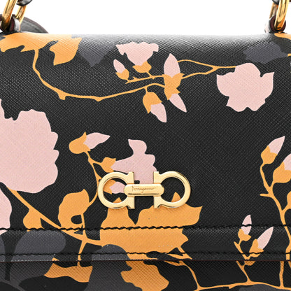 Salvatore Ferragamo Hammered Calfskin Floral Printed Seila Top Handle Crossbody Bag Black Multicolor 8 of 10